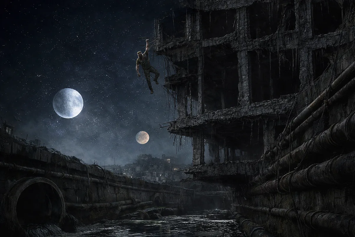 A lone figure clings to the outside of a gutted tower at night, two moons hanging over a dark canal below.