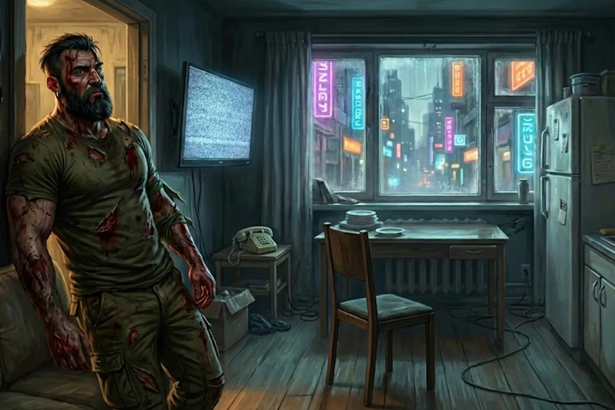 A large bearded man, bloodied and filth-covered, stands in a cluttered apartment doorway as neon light bleeds through the window.