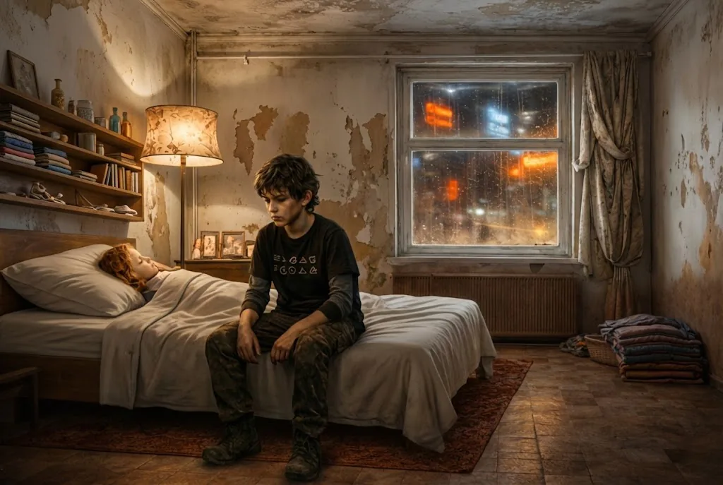 A dark-haired boy sits on the edge of a narrow bed in a dim room, a girl lying still behind him and city neon at the window.