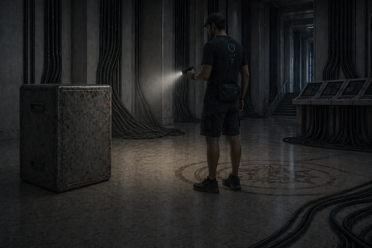 A figure stands in a dark, cable-lined institutional corridor, a flashlight beam crossing worn floor markings.