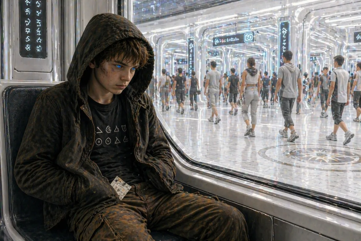 A hooded, blue-eyed boy rides a transit capsule alone, a vast pale transit hub crowded with people seen through the window.