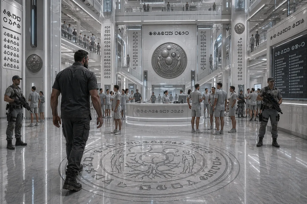 A broad-shouldered man walks through an enormous marble atrium, armed guards and uniformed ranks beneath a great embossed seal.