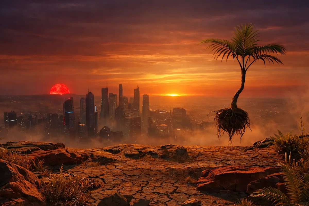 A boy stands at a cliff edge at dawn, a floating Largtree behind him and a distant city lit below a deep red sun.