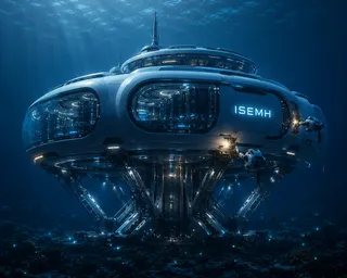 The Antenna Saucer: a dark old ISEMH saucer with a folded robotic arm, brooding in deep water.
