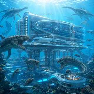 The Reef Foundry: a gleaming ISEMH subsea node on slender pillars above a sunlit reef, patrolled by serpentine wardens.