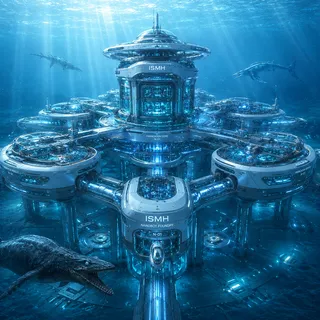 The Tiered Foundry: a clean ISEMH node of stacked discs on a temperate seabed, an idle docking apron at its foot.
