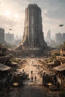 The Udhafa ISEMH Control Node, an arcology tower rising over the apron crowds at the city centre.